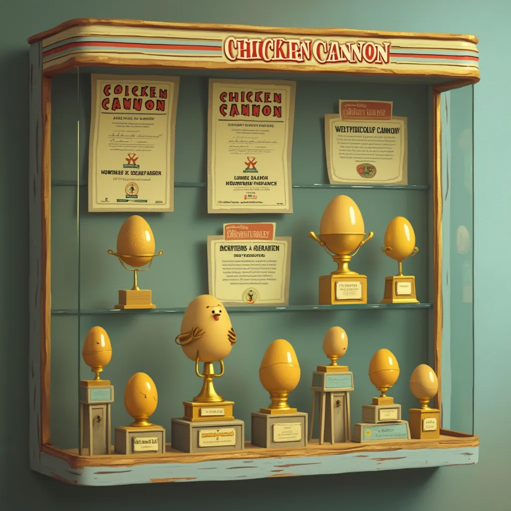 Display of Chicken Cannon awards and milestones