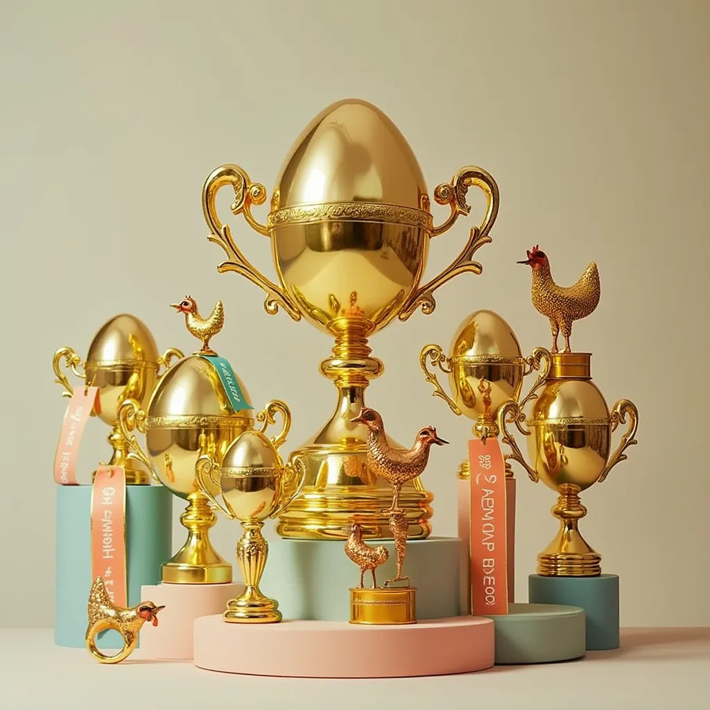 Golden egg trophies and award ribbons