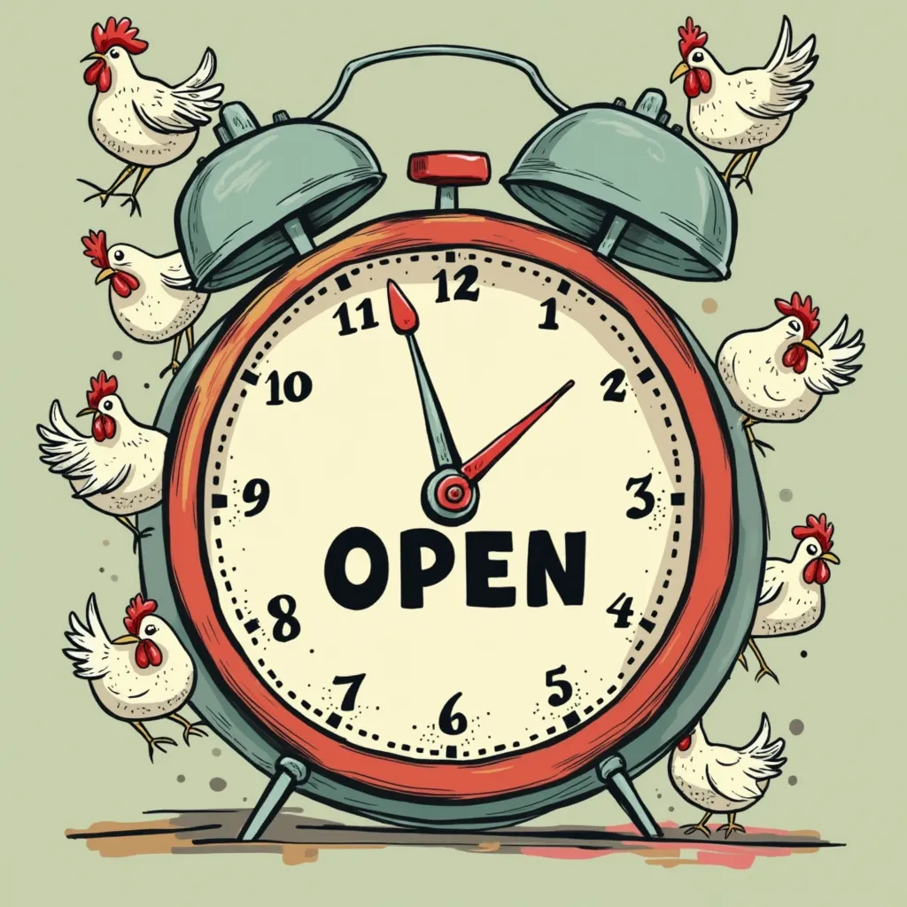 Stylized clock with chicken hands indicating opening hours