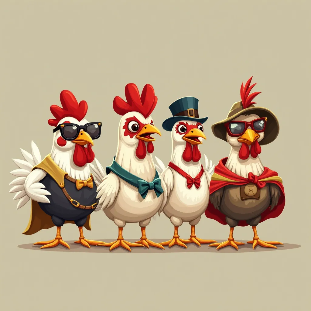 Various cartoon chickens with different costumes