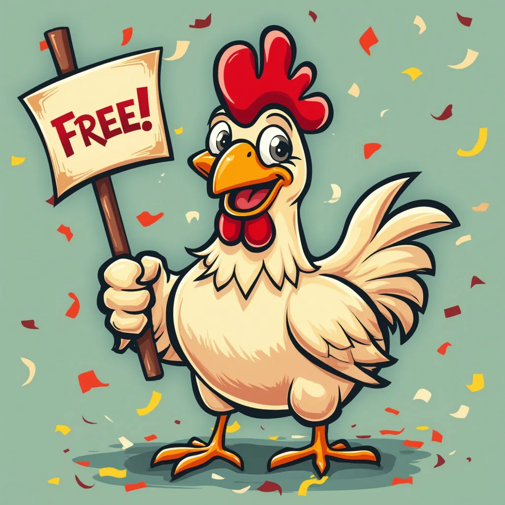 Happy chicken with a 'Free' banner