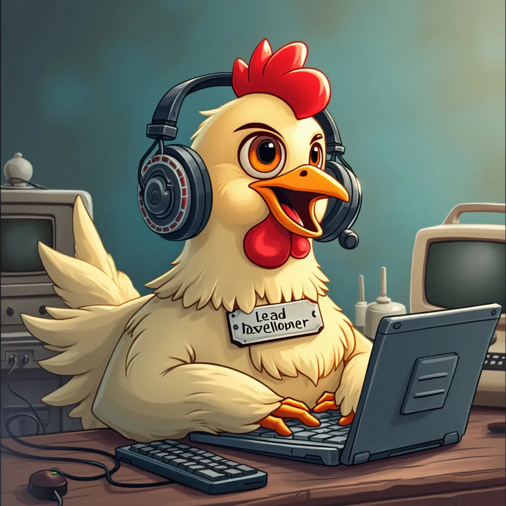Techy cartoon chicken character representing a team member